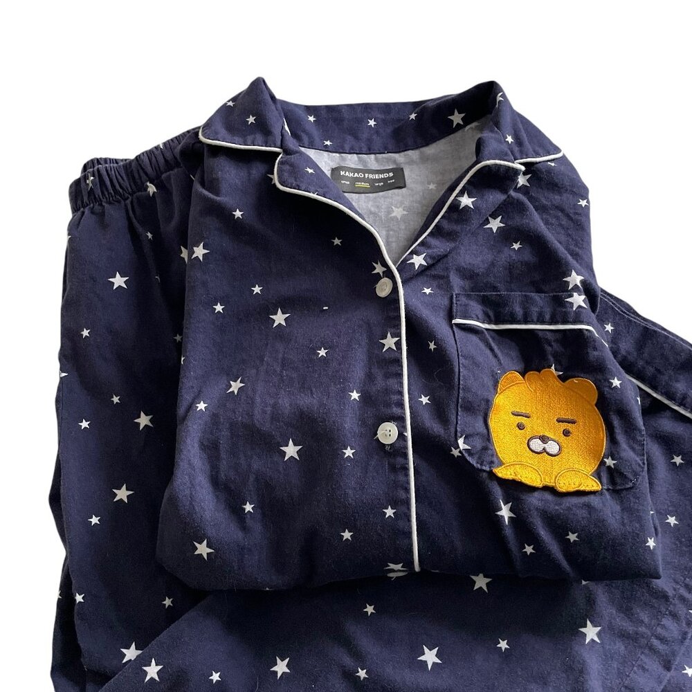 Kakao Friends Pajama Set Medium M Blue Star Print Ryan Sleep Pants & Top Shirt